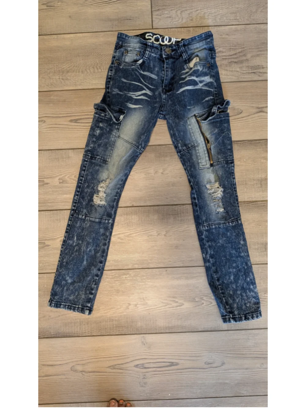 Scoop Boys Distressed Cargo Moto Jeans Utility Zipper Blue Denim Size 8